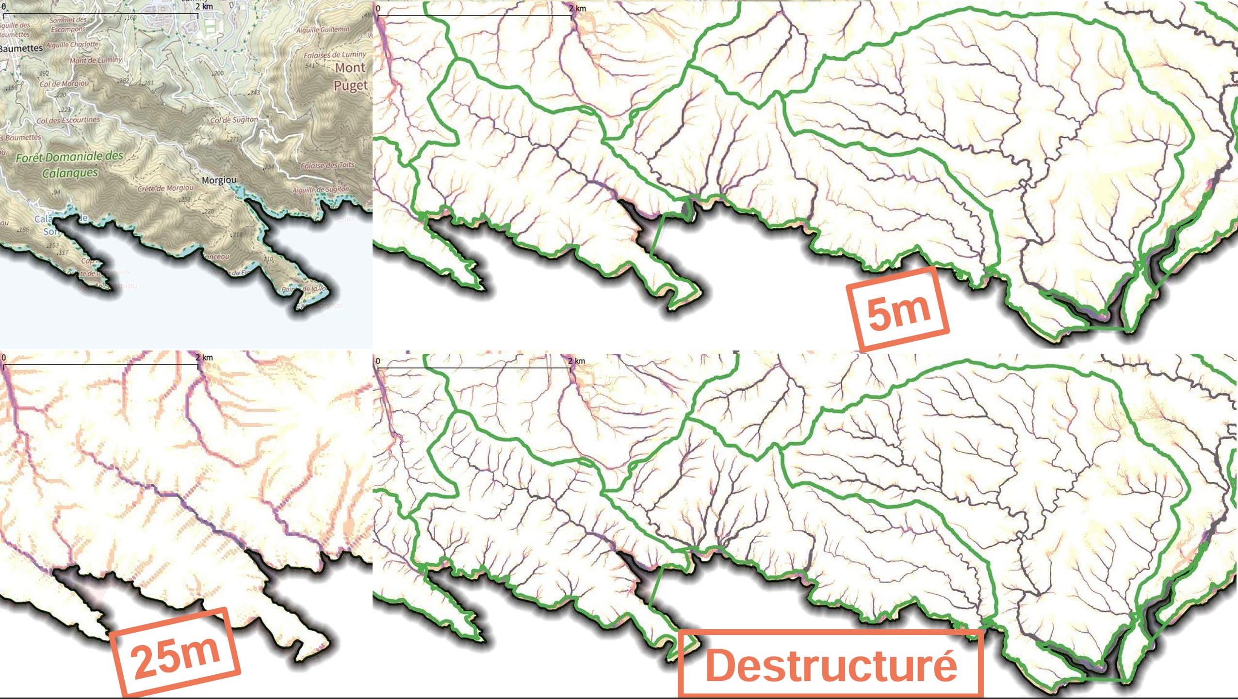 La précision du Modèle Numérique de Terrain (MNT) issu du LiDAR. Cette topographie à très haute résolution permet à l'algorithme de détecter les moindres obstacles (talus, murets, routes) qui influencent l'écoulement de l'eau.
