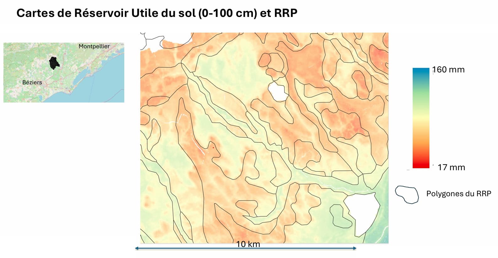 Comparaison visuelle entre Béziers et Montpellier : à gauche, la carte continue et détaillée du Réservoir Utile générée par CSMS ; à droite, les grands polygones uniformes du RRP classique.