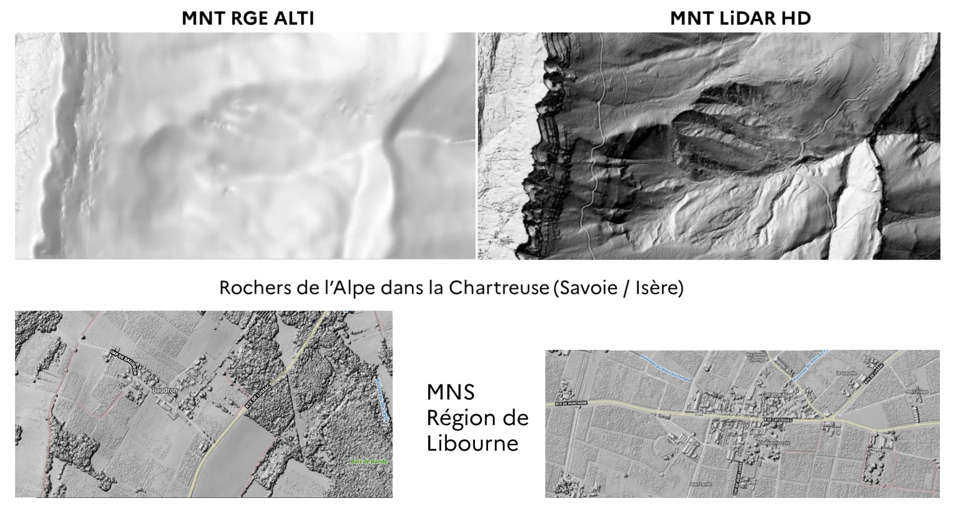 Comparaison frappante entre l'ancien modèle (RGE ALTI) et la précision du nouveau MNT issu du LiDAR HD dans le massif de la Chartreuse. Le gain de détails orographiques est spectaculaire.