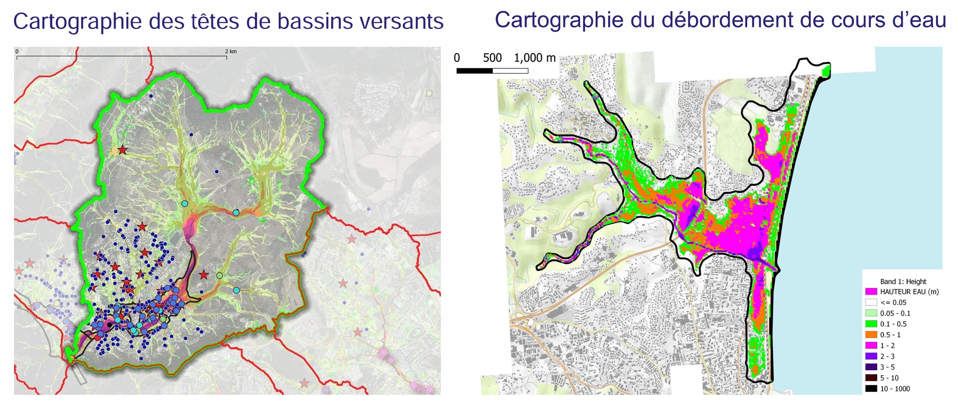 Les deux objectifs de la méthode CARTINO 2D : à gauche, la modélisation du ruissellement sur les têtes de bassins versants ; à droite, la simulation précise de la hauteur d'eau lors du débordement d'un cours d'eau principal.
