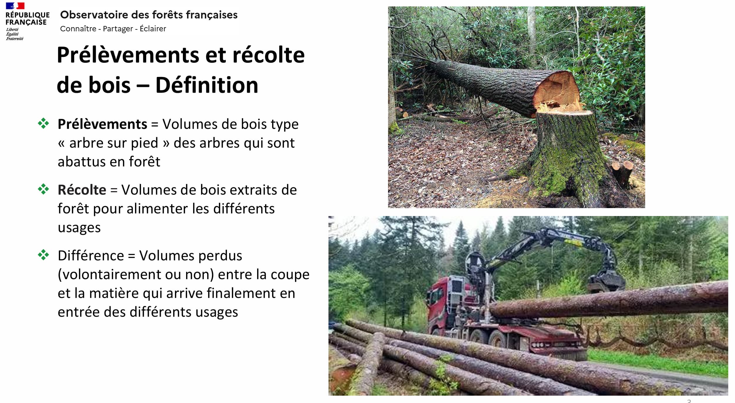 Illustration de la différence fondamentale entre les deux concepts. En haut, l'arbre entier abattu en forêt représente les « prélèvements ». En bas, les troncs ébranchés et chargés sur un grumier illustrent la « récolte » effectivement extraite.