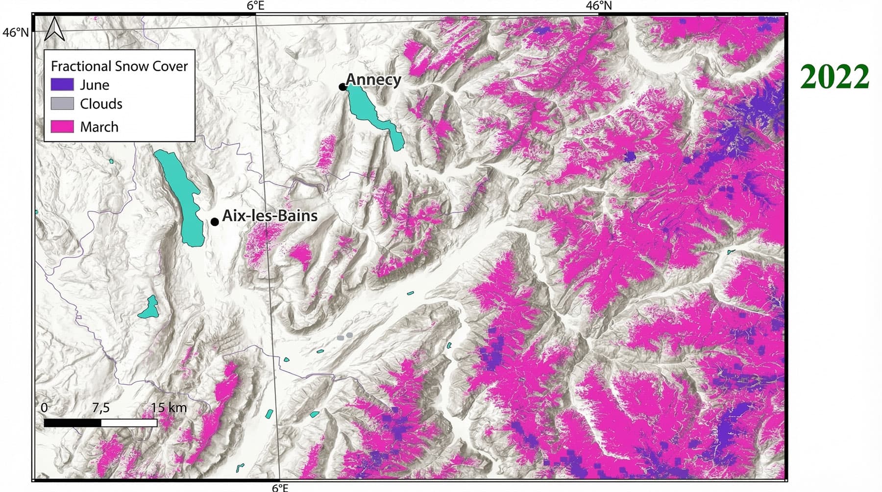 Couverture neigeuse fractionnelle observée par Sentinel-2 dans les Alpes (secteur Annecy / Aix-les-Bains) : comparaison entre mars et juin 2022.
