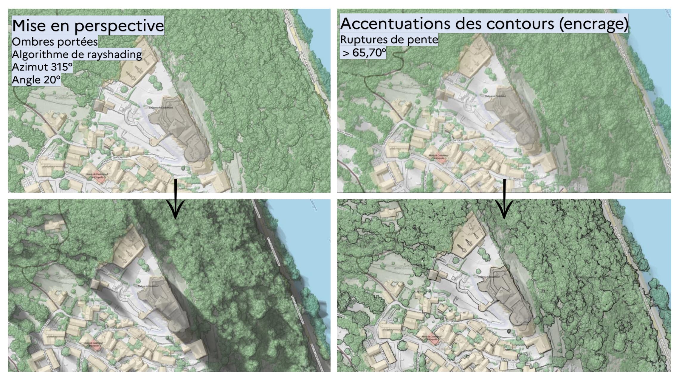 Traitement du relief : l'application d'un algorithme d'ombres portées (à gauche) et l'encrage des fortes pentes (à droite) donnent un effet de profondeur saisissant à la carte 2D.