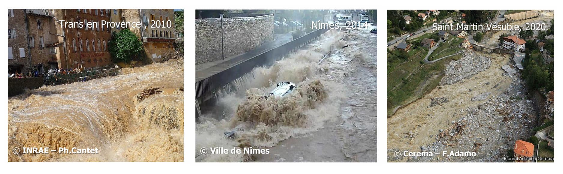 La problématique des crues éclair : un risque diffus sur plus de 300 000 km de talwegs non instrumentés, capables de générer des inondations dévastatrices (comme à Nîmes ou dans la Vésubie) beaucoup trop rapidement pour les réseaux d'alerte classiques.