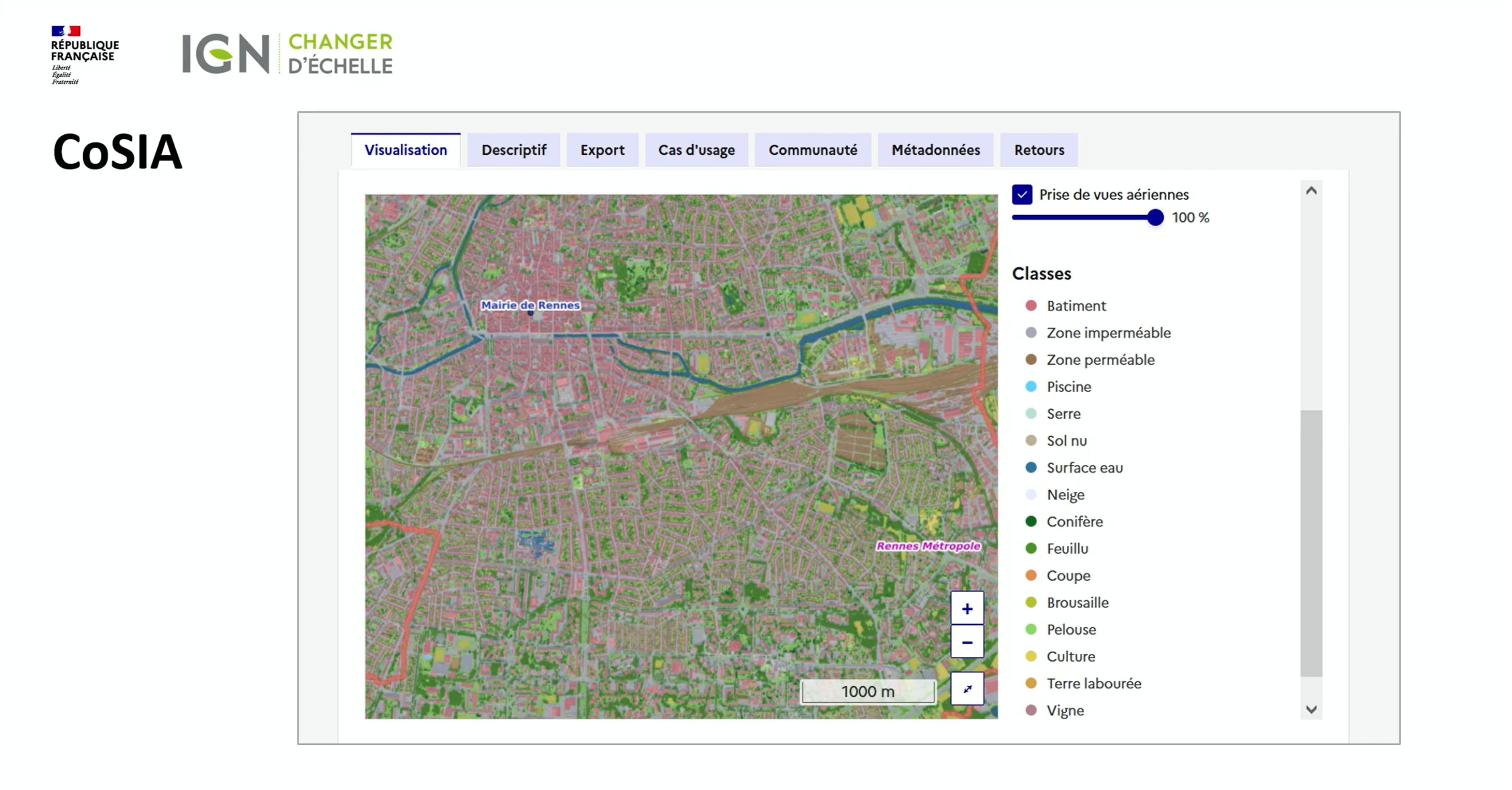Interface de la plateforme CoSIA (Rennes). Ce service gratuit permet aux utilisateurs de visualiser et d'exporter 16 classes de couverture des sols (bâtiments, serres, sols nus, conifères, vignes, etc.) à une résolution de 20 cm.