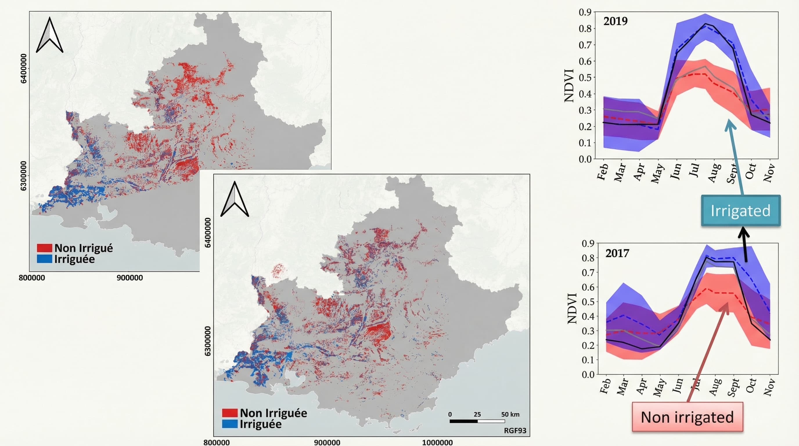 Principe de détection de l'irrigation : l'algorithme identifie des pics d'humidité du sol sur les signaux radar (courbe en bleu) en l'absence de précipitations météorologiques (barres grises).